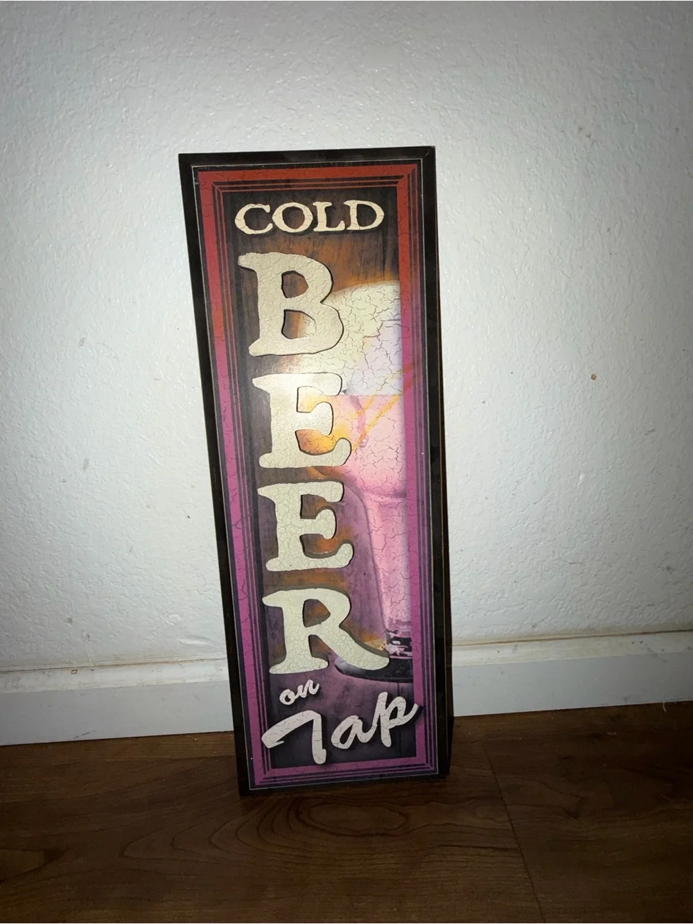 Cold Beer on Tap Wall Sign - Vintage Wood Look in Brown and Cream